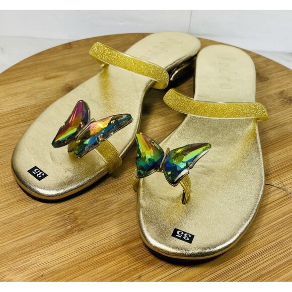 Pedro Gold Sandals With Multicolored Toe Glass Butterfly Size 5 - Picture 1 of 6
